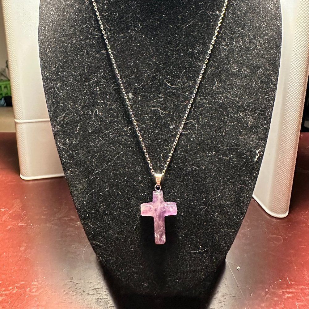 Amethyst Stone Cross Pendant Necklace Faux Silver Chain Unbranded Spiritual